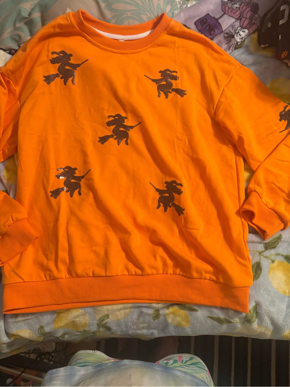 Orange Sweatshirt with Black sequined Witch Motif - Unbranded